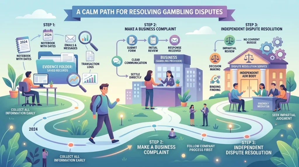 Timeline for recording a gambling complaint and moving from the business response to dispute resolution