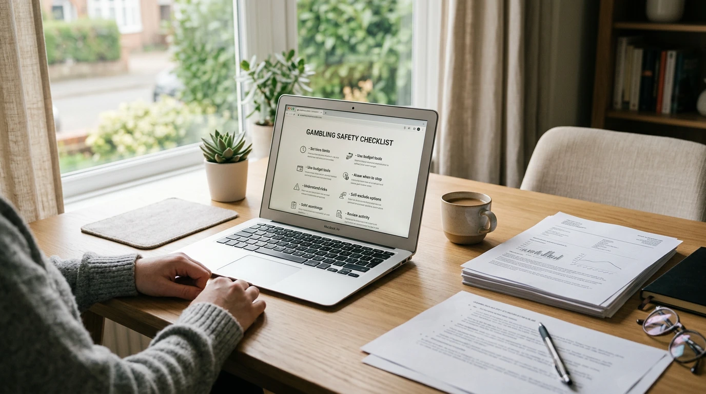 A calm desk scene showing a licence check checklist and official documents
