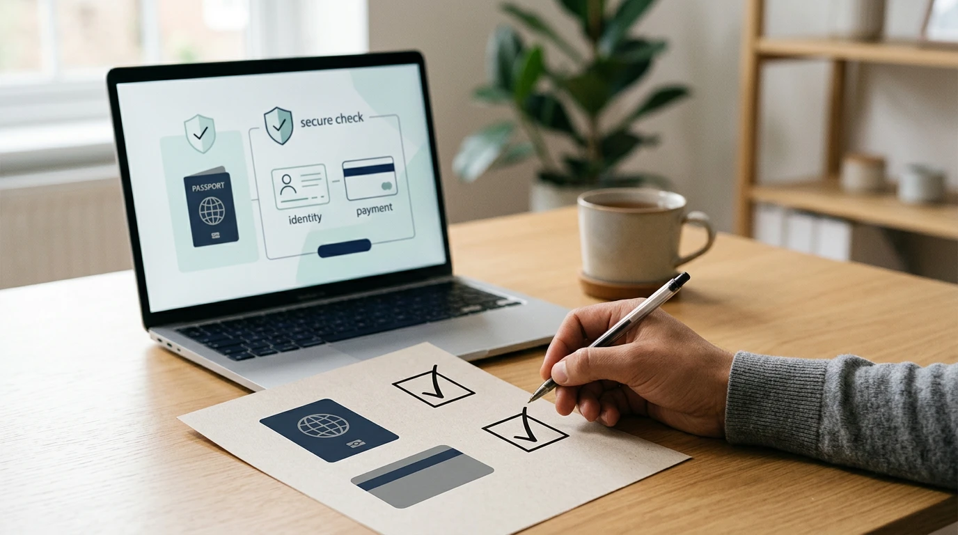A payment and identity checklist beside a laptop screen