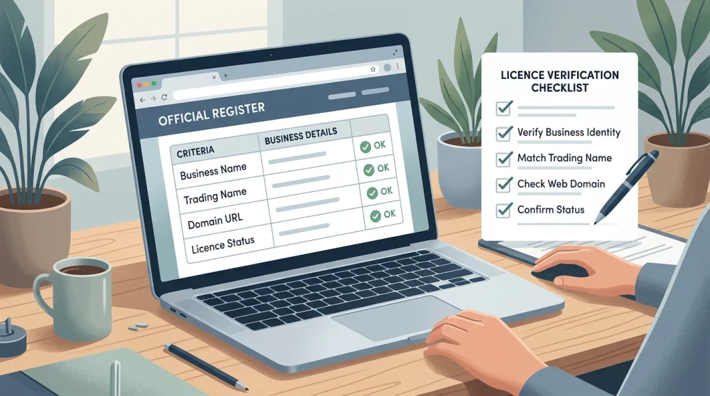 Checklist for comparing a gambling website licence claim with official register details